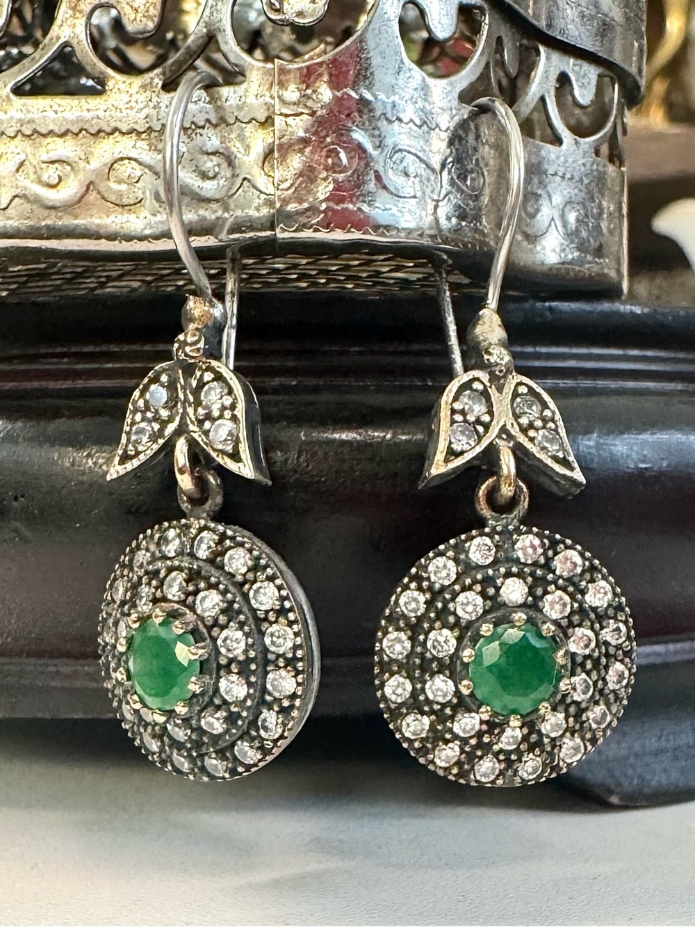 Vintage Ottoman Sterling Silver Emerald Hurrem Sultan Dangle Earrings